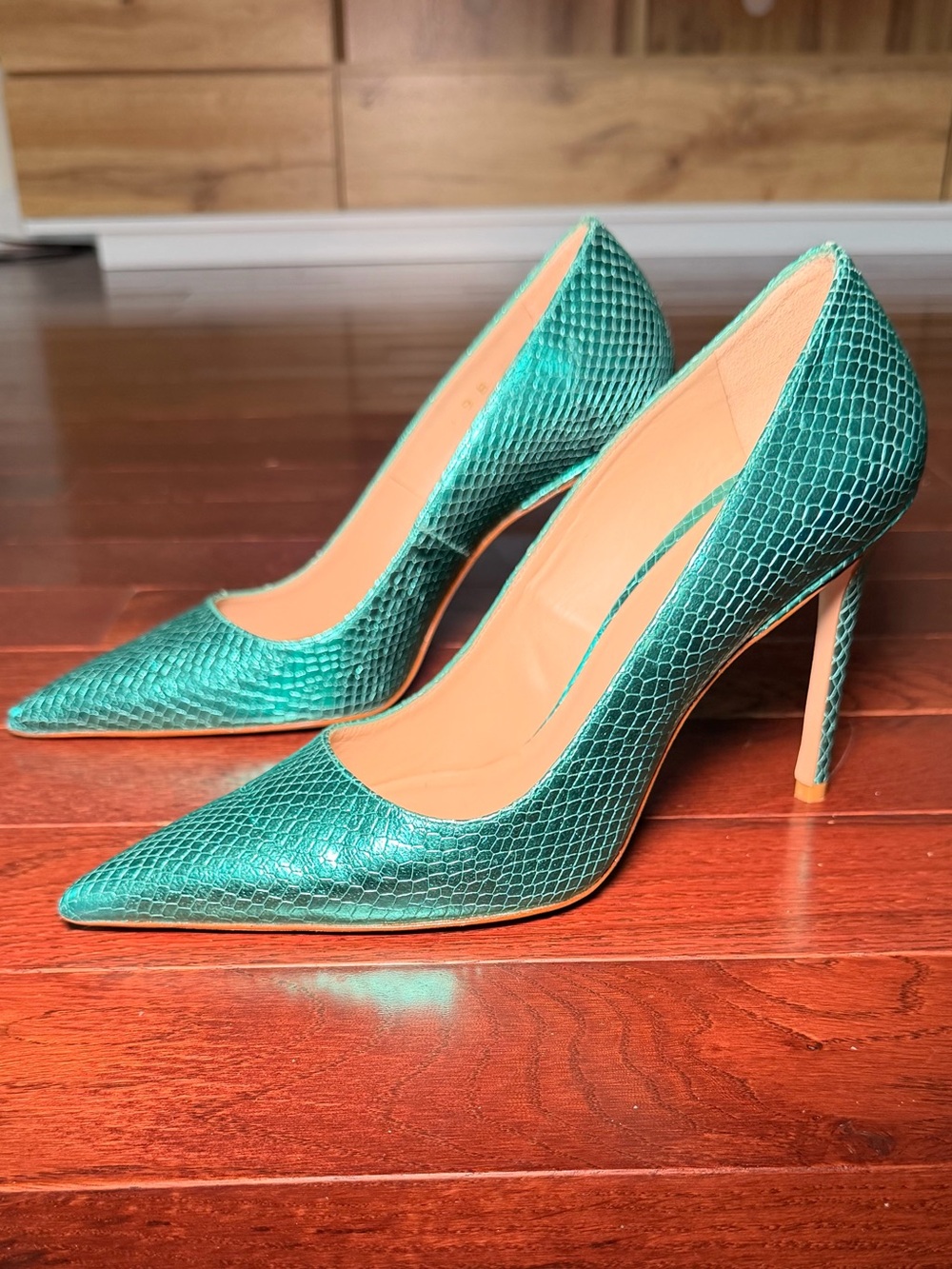 Stuart Weitzman Teal Snake-Embossed Pointed-Toe Stiletto Pumps
